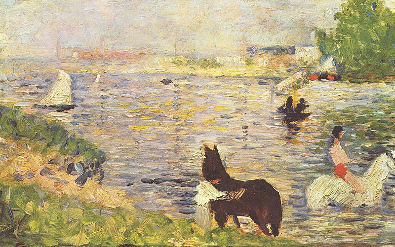 Georges Seurat Weibes und schwarzes Pferd im Flub oil painting image